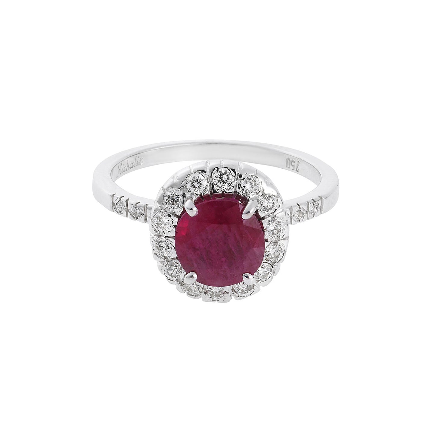 Ring 18KT White Gold with an Oval Ruby and Brilliant cut Diamonds. Product Code : 1222DWR35OV