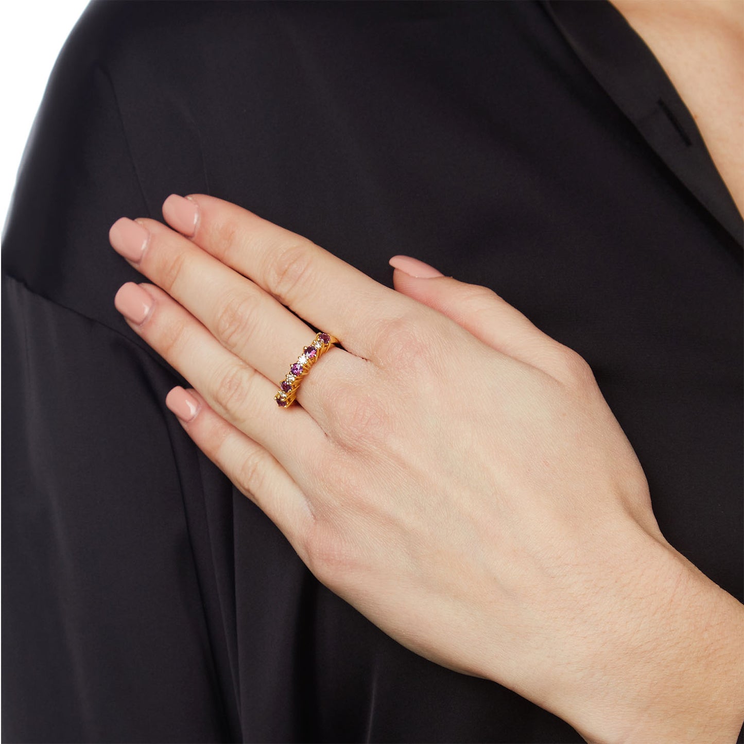 Ring Half Band Yellow Gold with Round cut Rubies and Brilliant cut Diamonds. Product Code : 1247D405YR