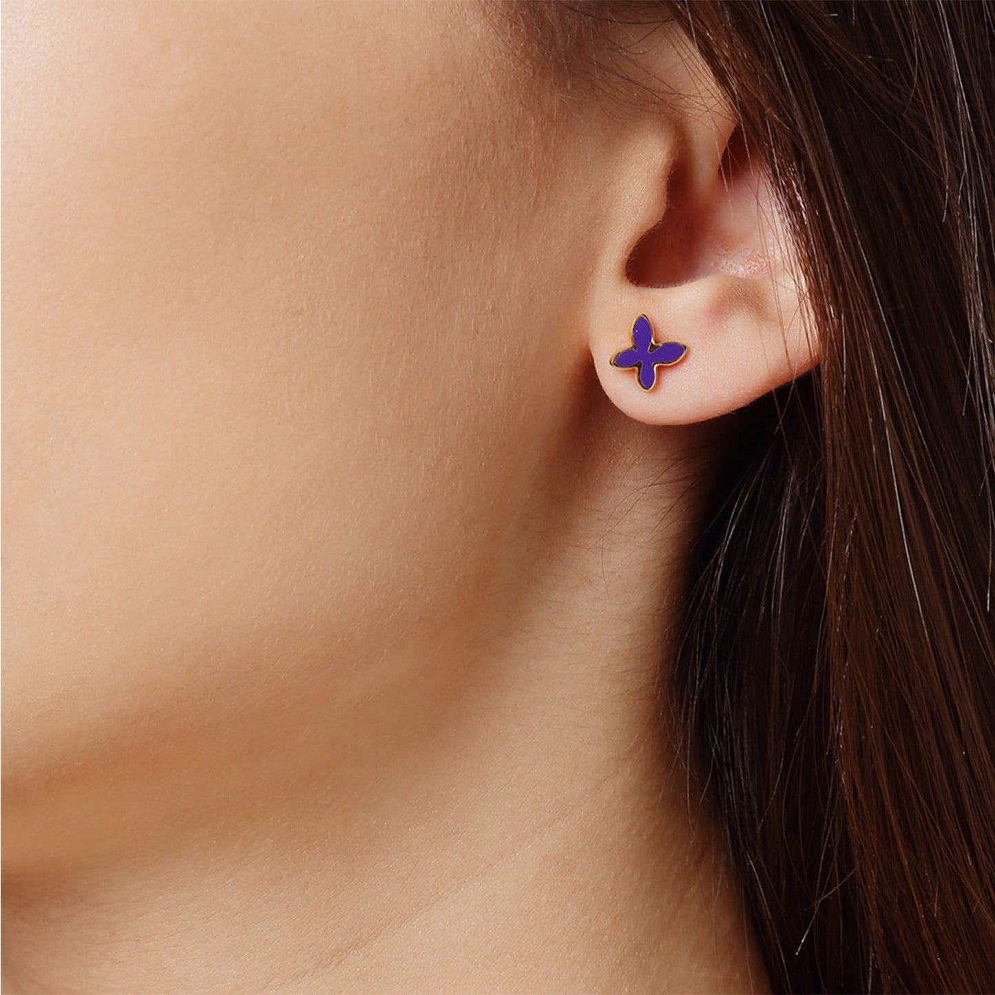 Butterfly, 18 carat yellow gold enamelled earrings. Butterflies signify creativity, transformation, freedom and love. Product Code: 259SKPEDIK02.