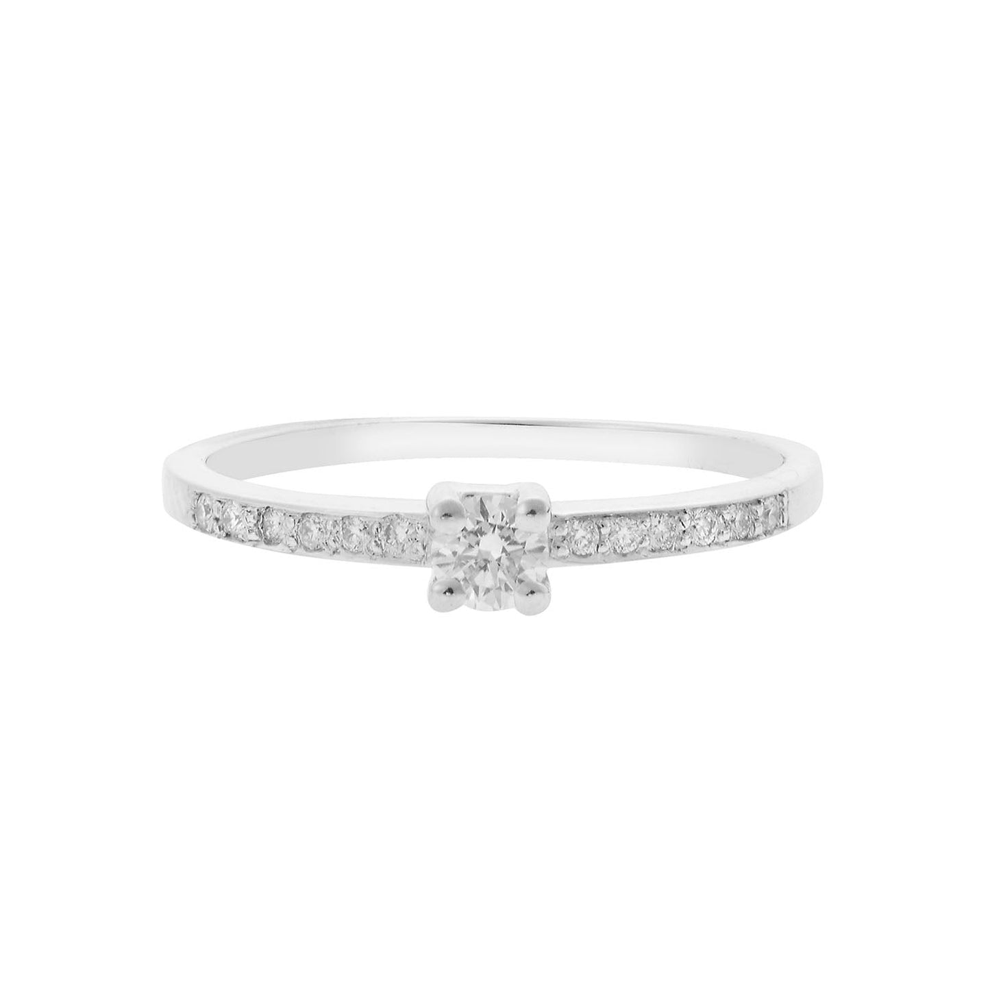 Diamond Round Brilliant Cut Solitaire KT18 White Gold with Brilliant Cut Diamonds on the Sides. Product Code: 259D03S