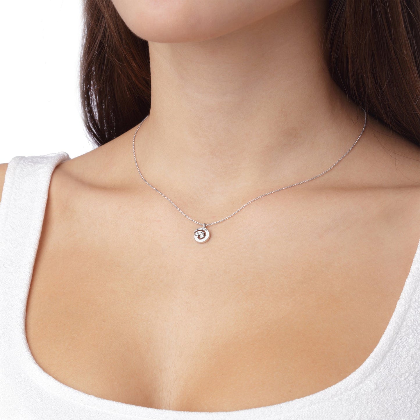 Spiral Necklace Pendant 18KT White Gold with Brilliant cut Diamonds. The spiral symbolises the universal pattern of growth and evolution. Product Code:502MEW40M