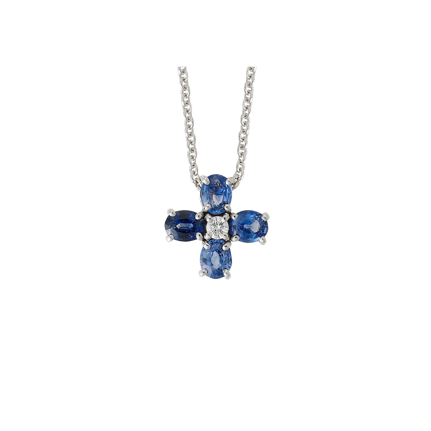 Sapphire and diamond cross 18k white gold on a chain.