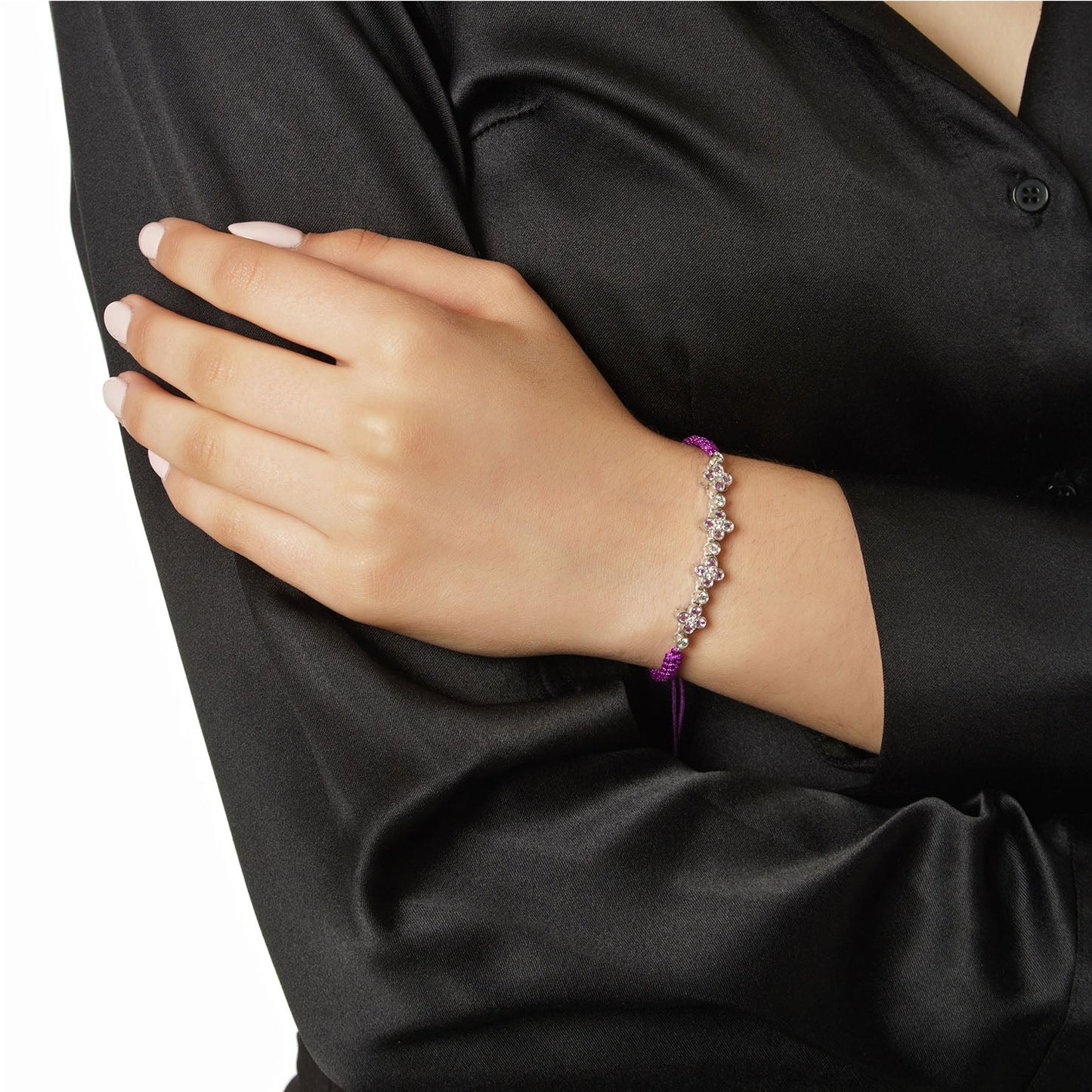 Brilliant cut Diamond and Pink Sapphire Cord Bracelet 18KT White Gold. Product Code : 489BA89