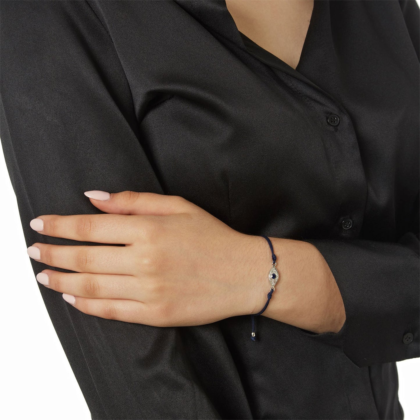 Lucky Eye Brilliant Diamonds and Sapphire Cord Bracelet 18KT White Gold.