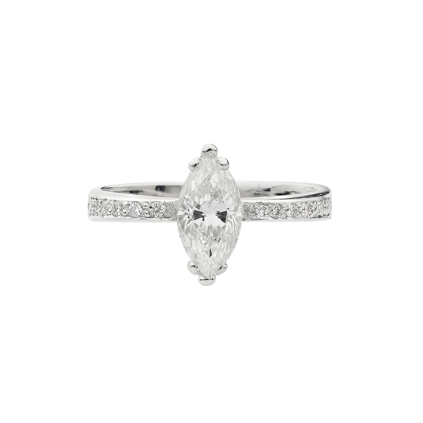Marquise cut diamond solitaire 18KT white gold with brilliant cut diamonds on the sides. Product Code : 107D59