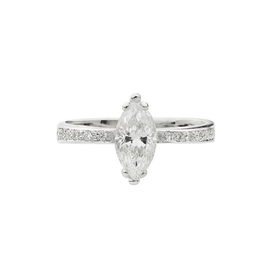 Marquise cut diamond solitaire 18KT white gold with brilliant cut diamonds on the sides. Product Code : 107D59