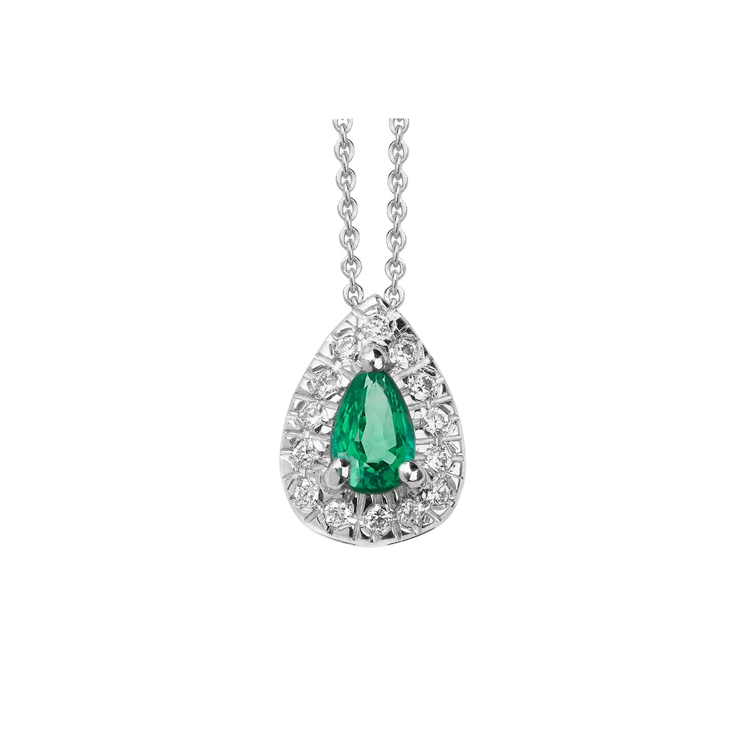 Necklace Pendant 18KT White Gold with a Pear cut Emerald and Brilliant cut Diamonds. Product Code : 518MW35E