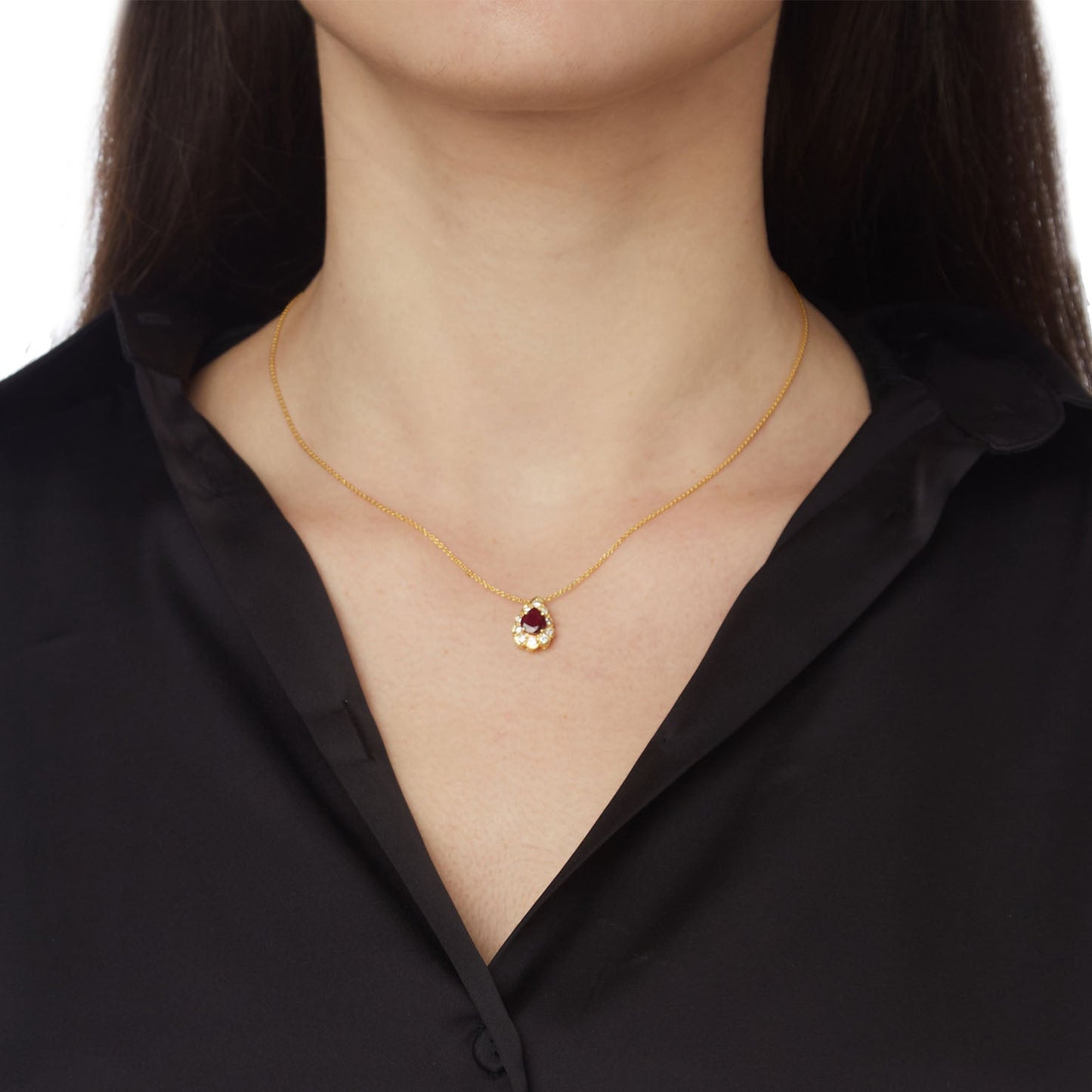 Necklace Pendant 18KT Yellow Gold with a Pear cut Ruby and Brilliant cut Diamonds. Product Code : 575ME9R