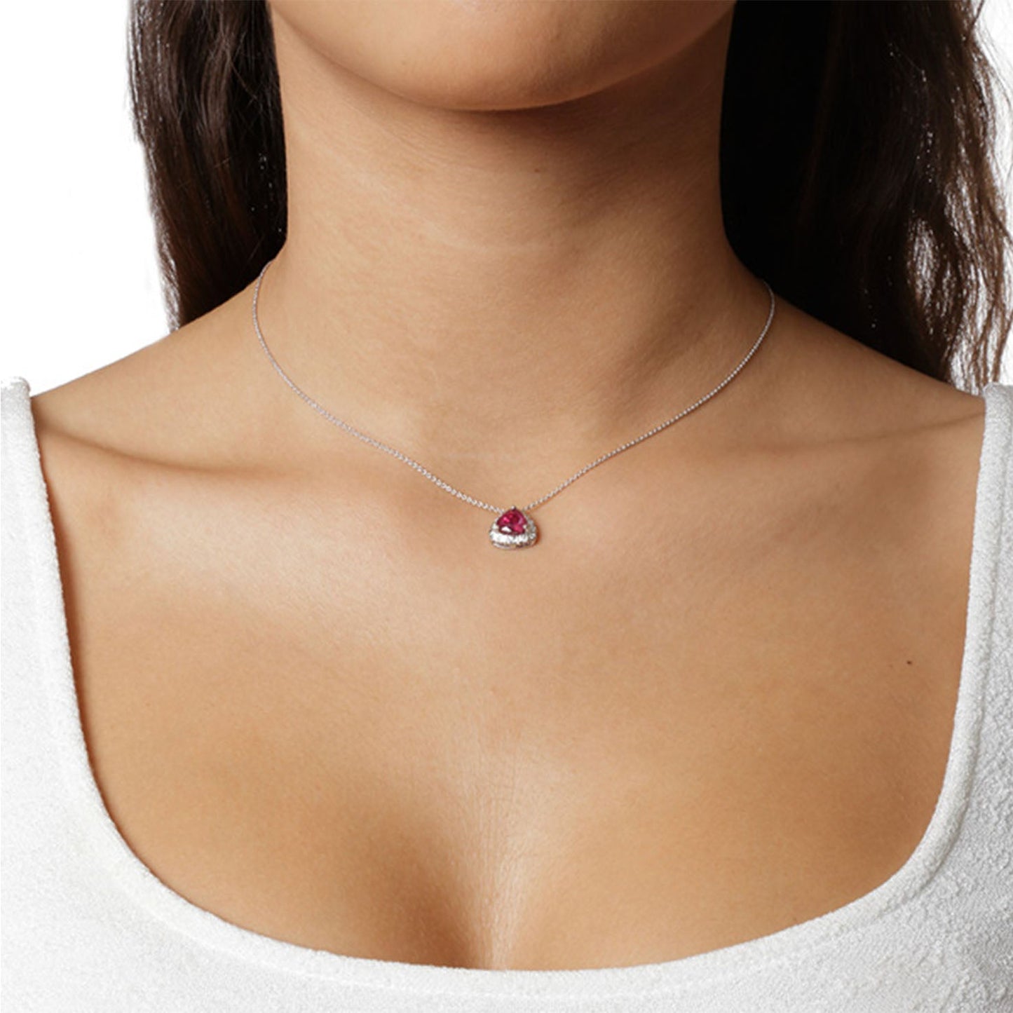 Necklace Pendant 18KT White Gold with a Trillion cut Ruby and Brilliant cut Diamonds. Product Code : 585MW26R