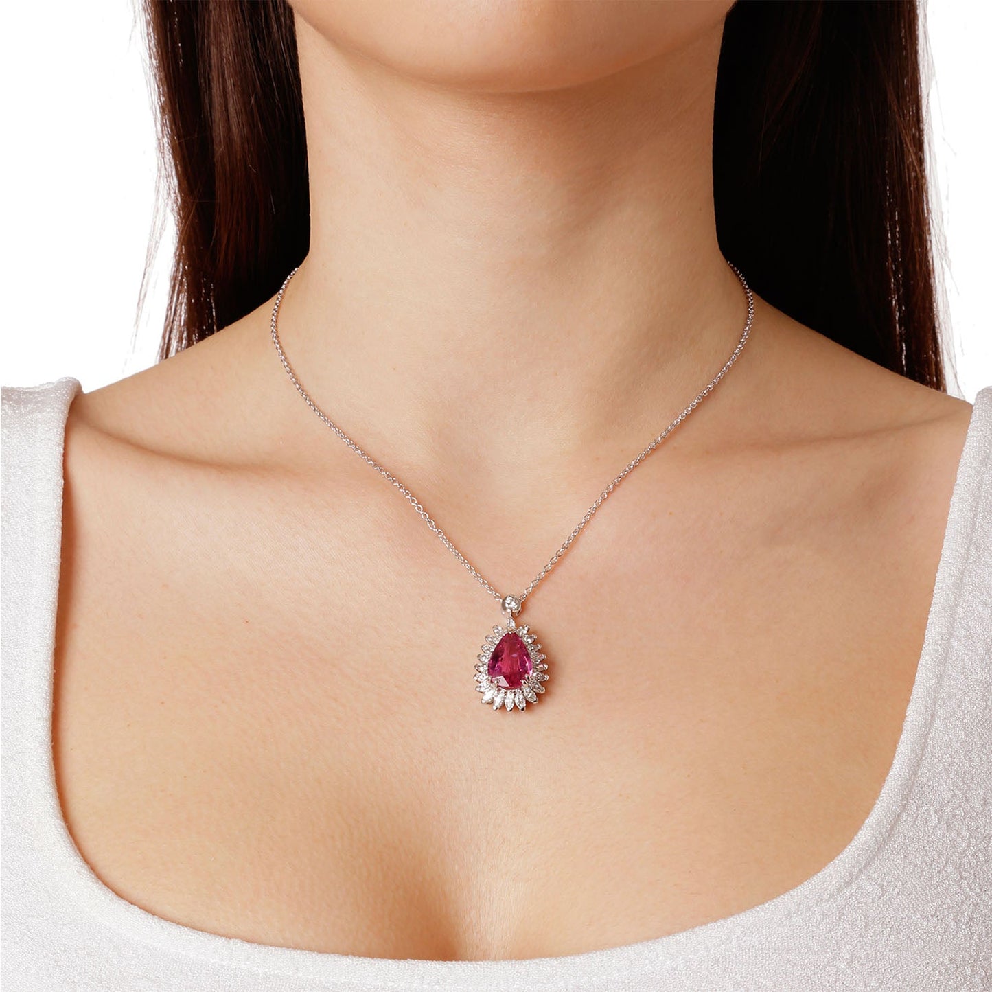 Necklace Pendant 18KT White Gold with Rubellite, Round and Marquise cut Diamonds . Product Code : 685ME114RBLT