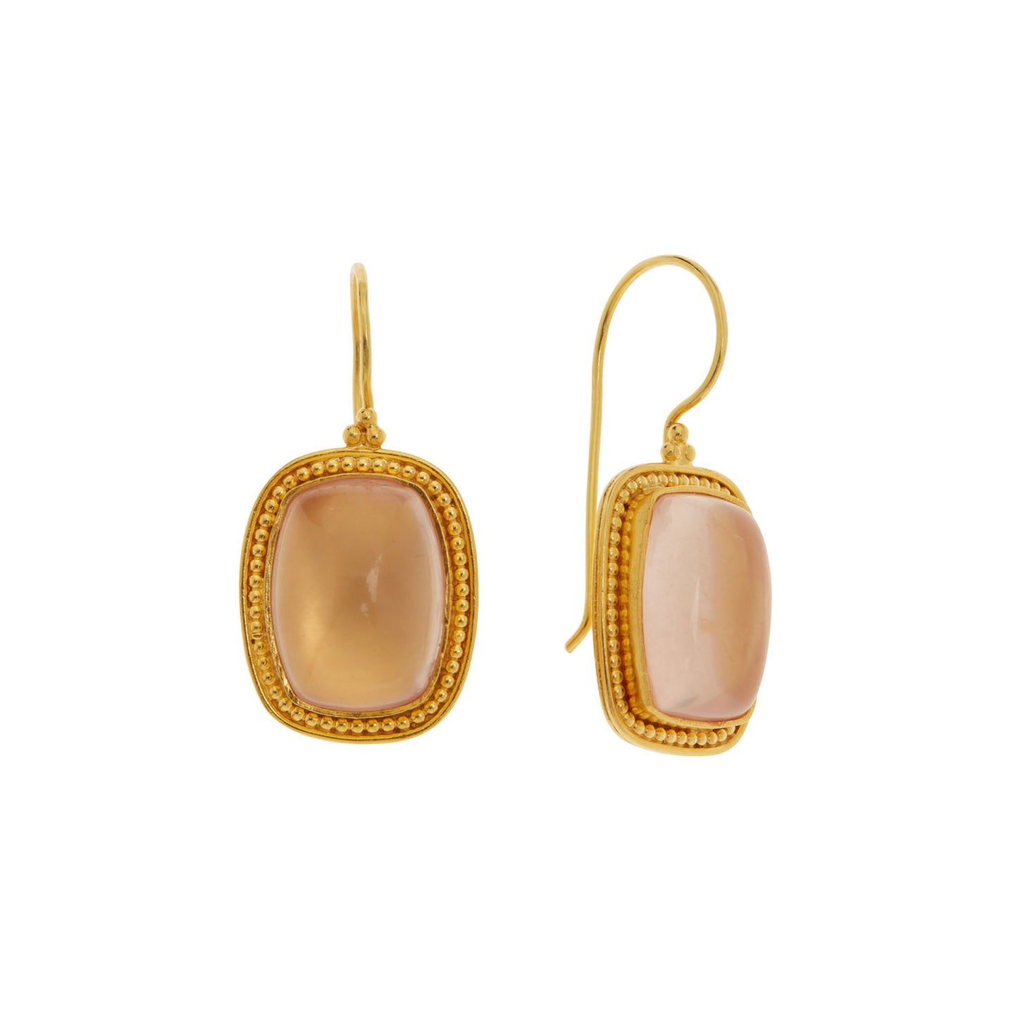 Handmade drop earrings in 22KT yellow gold inspired by Byzantium with rose quartz stones.