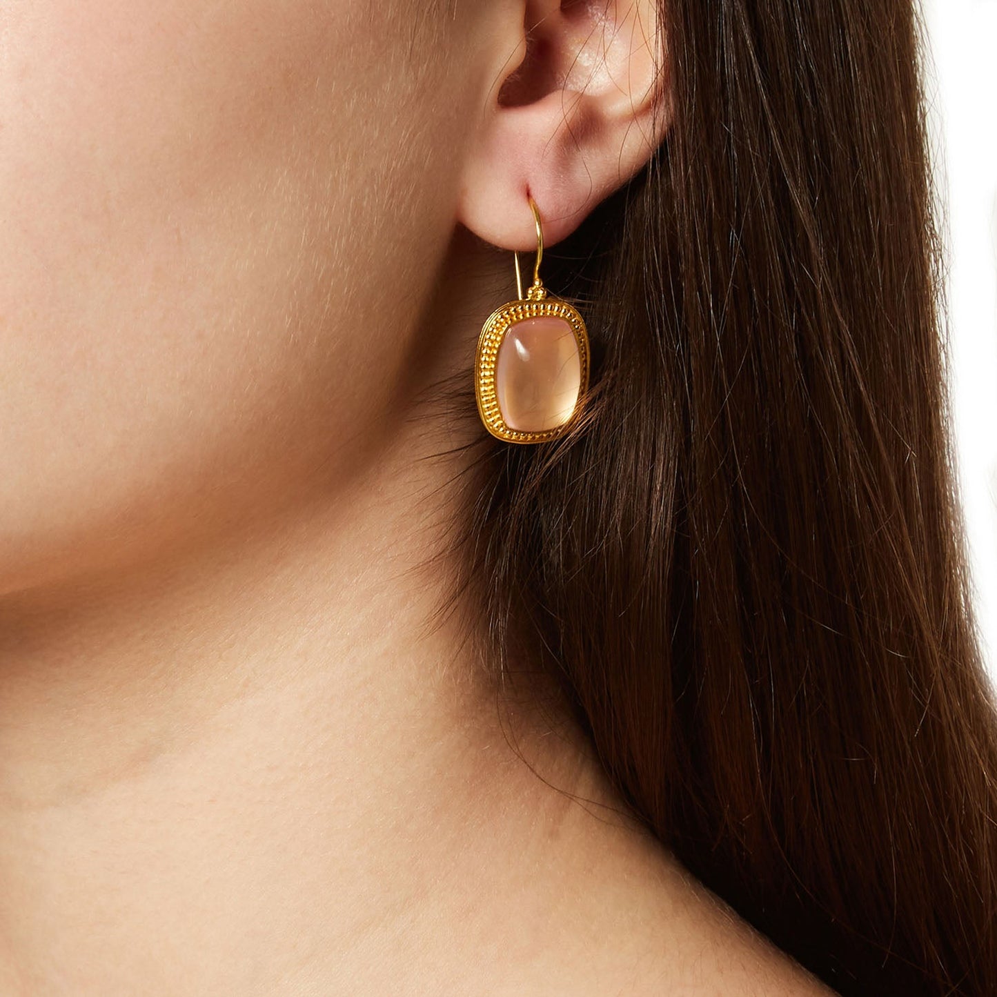 Handmade drop earrings in 22KT yellow gold inspired by Byzantium with rose quartz stones.