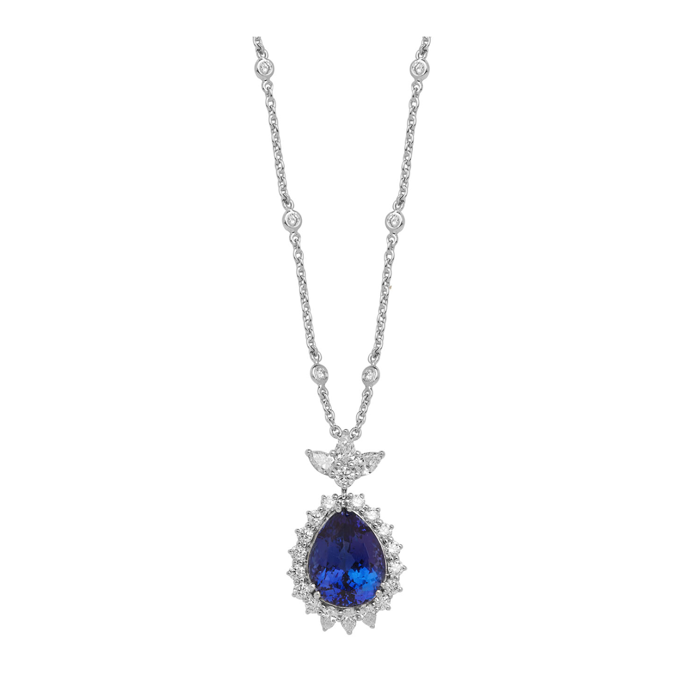 Necklace Pendant 18KT White Gold with a Pear cut Tanzanite and Pear and Brilliant cut Diamonds. Product Code : 400NETANZ