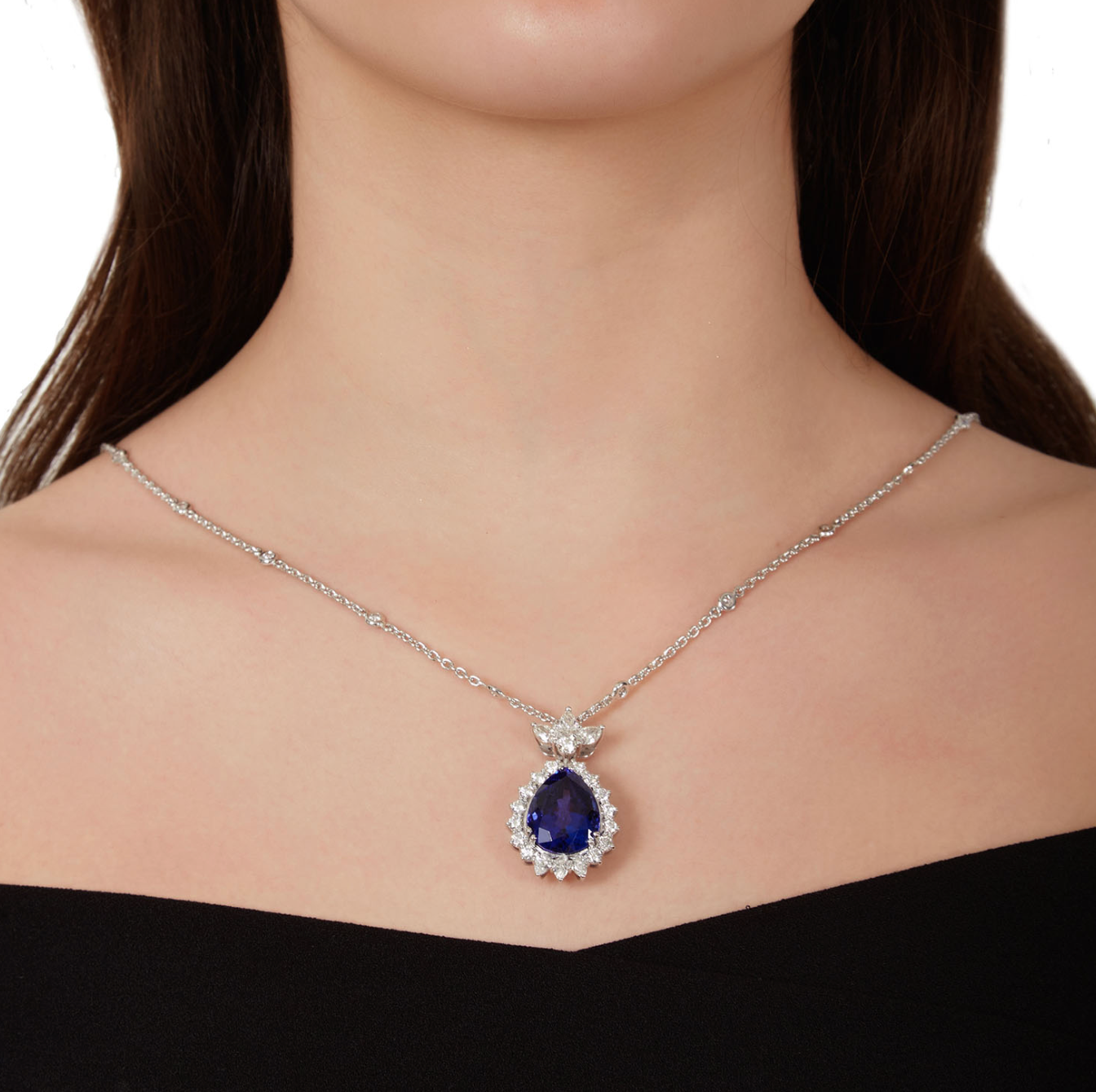 Necklace Pendant 18KT White Gold with a Pear cut Tanzanite and Pear and Brilliant cut Diamonds. Product Code : 400NETANZ