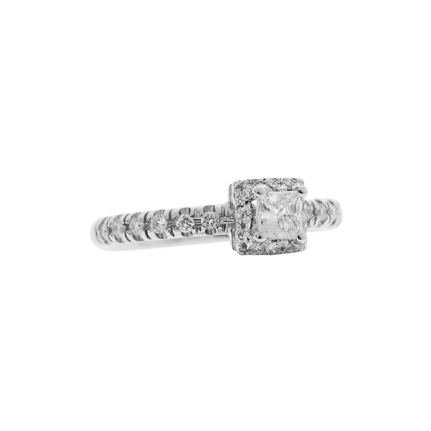 Princess cut diamond solitaire 18KT white gold with brilliant cut diamonds on the sides. Product Code : 291D1129