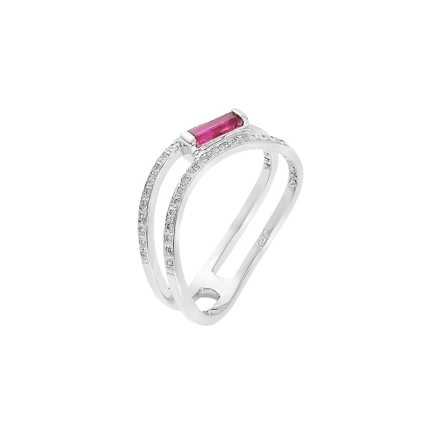 Ring 18KT White Gold with a Baguette Ruby Solitaire and Brilliant cut Diamonds. Product Code : 1120DA44WR