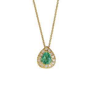 Pendant Necklace 18KT Yellow Gold with Pear cut Emerald and Brilliant cut Diamonds. Product Code : 643MY35E