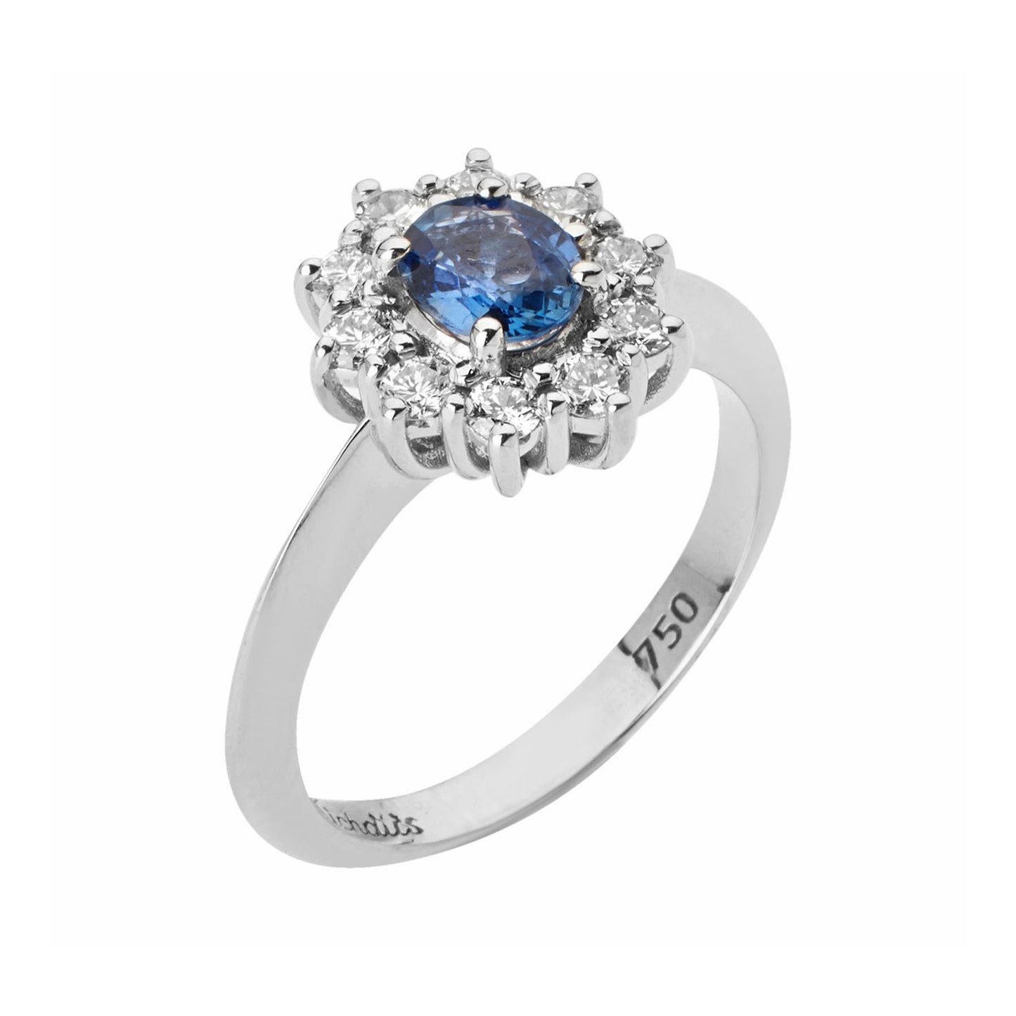 Ring 18KT White Gold with an Oval Sapphire and Brilliant cut Diamonds. Product Code:1420DW69S
