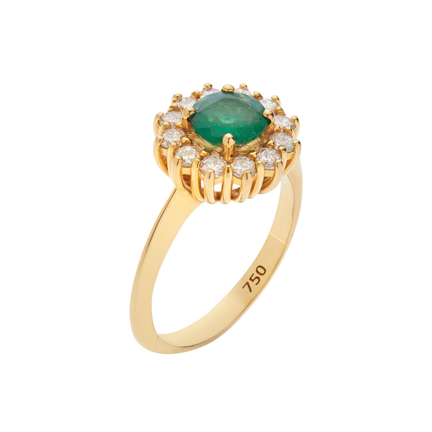 Emerald ( Round Cut ) and Brilliant Cut Diamond Ring 18KT Yellow Gold.