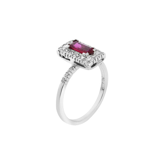 Ring 18KT White Gold with a Baguette Ruby Solitaire and Brilliant cut Diamonds. Product Code : 1118DA29WR