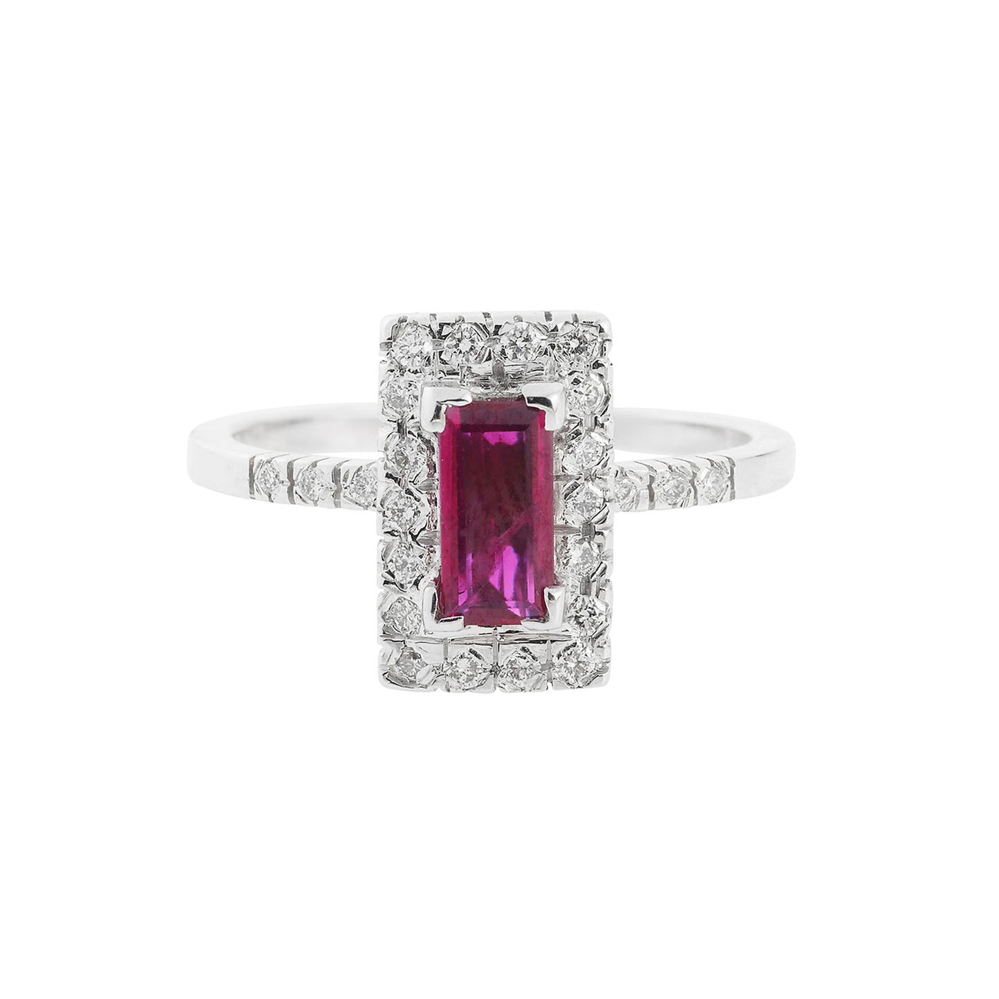 Ring 18KT White Gold with a Baguette Ruby Solitaire and Brilliant cut Diamonds. Product Code : 1118DA29WR