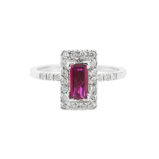 Ring 18KT White Gold with a Baguette Ruby Solitaire and Brilliant cut Diamonds. Product Code : 1118DA29WR