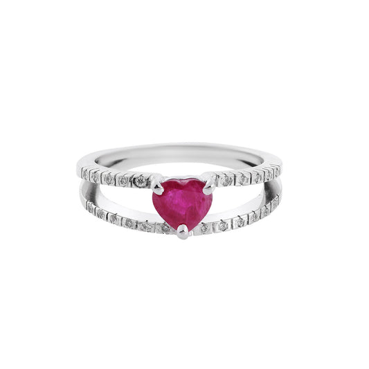 Ring 18KT White Gold with a Heart Ruby and Brilliant cut Diamonds. Product Code: 1118DA29WRΑ