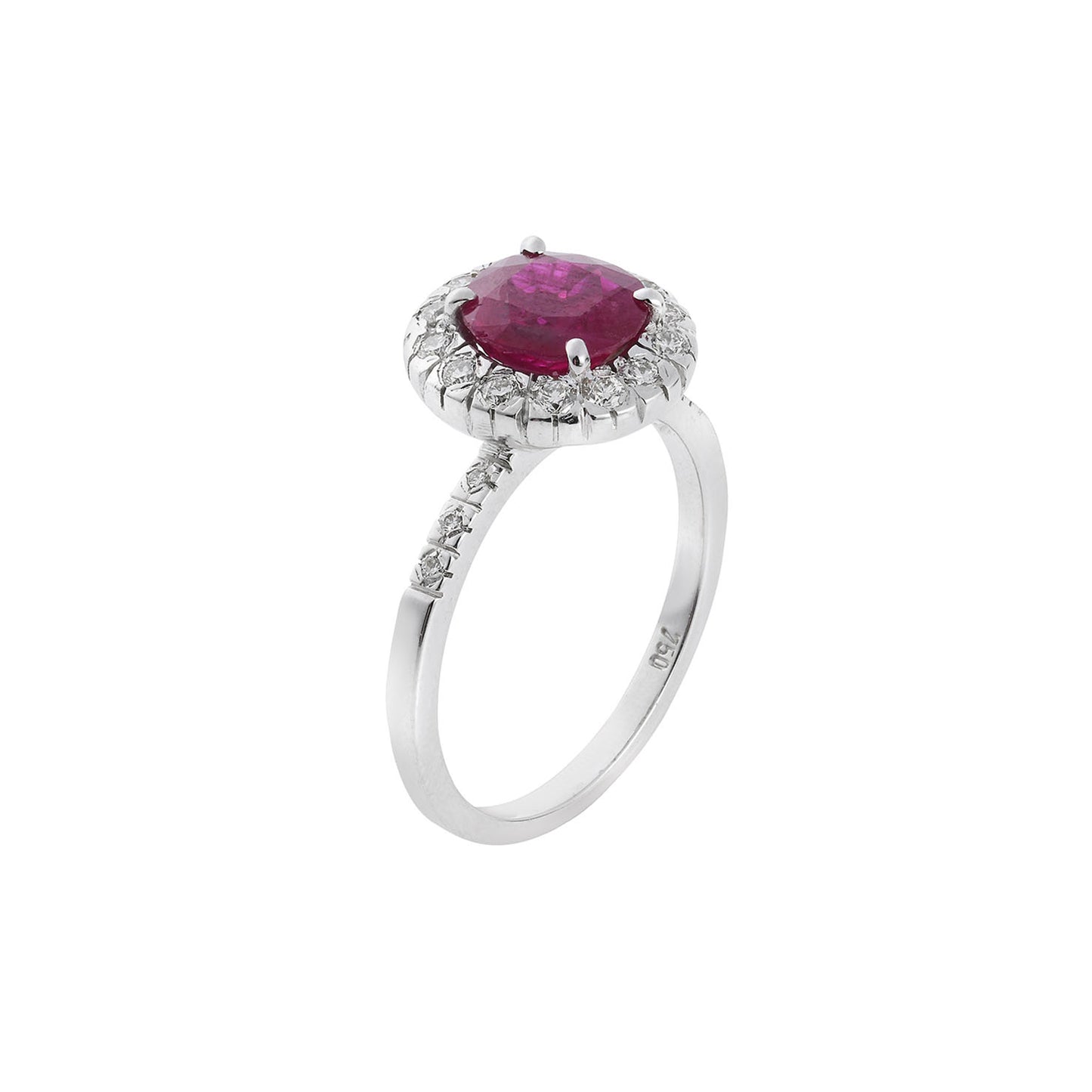 Ring 18KT White Gold with an Oval Ruby and Brilliant cut Diamonds. Product Code : 1222DWR35OV