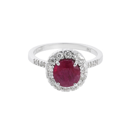Ring 18KT White Gold with an Oval Ruby and Brilliant cut Diamonds. Product Code : 1222DWR35OV