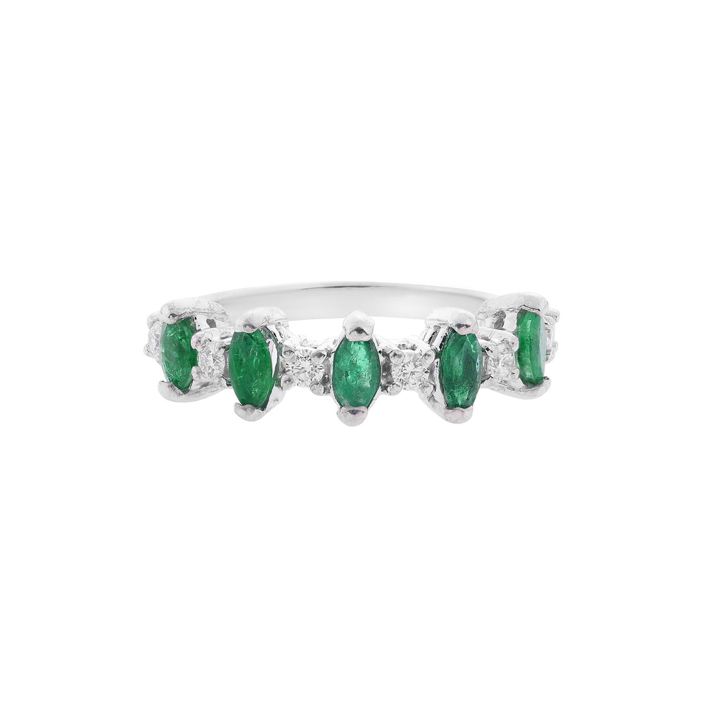 Half Band Ring 18KT White Gold with Marquise cut Emeralds  and Brilliant cut Diamonds.  Product Code : 1230D405WE