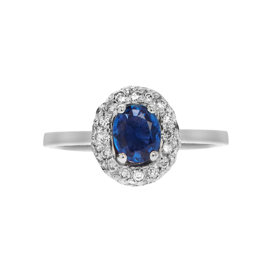 Ring 18KT White Gold with an Oval Sapphire and Brilliant cut Diamonds. Product Code:1281DW59S