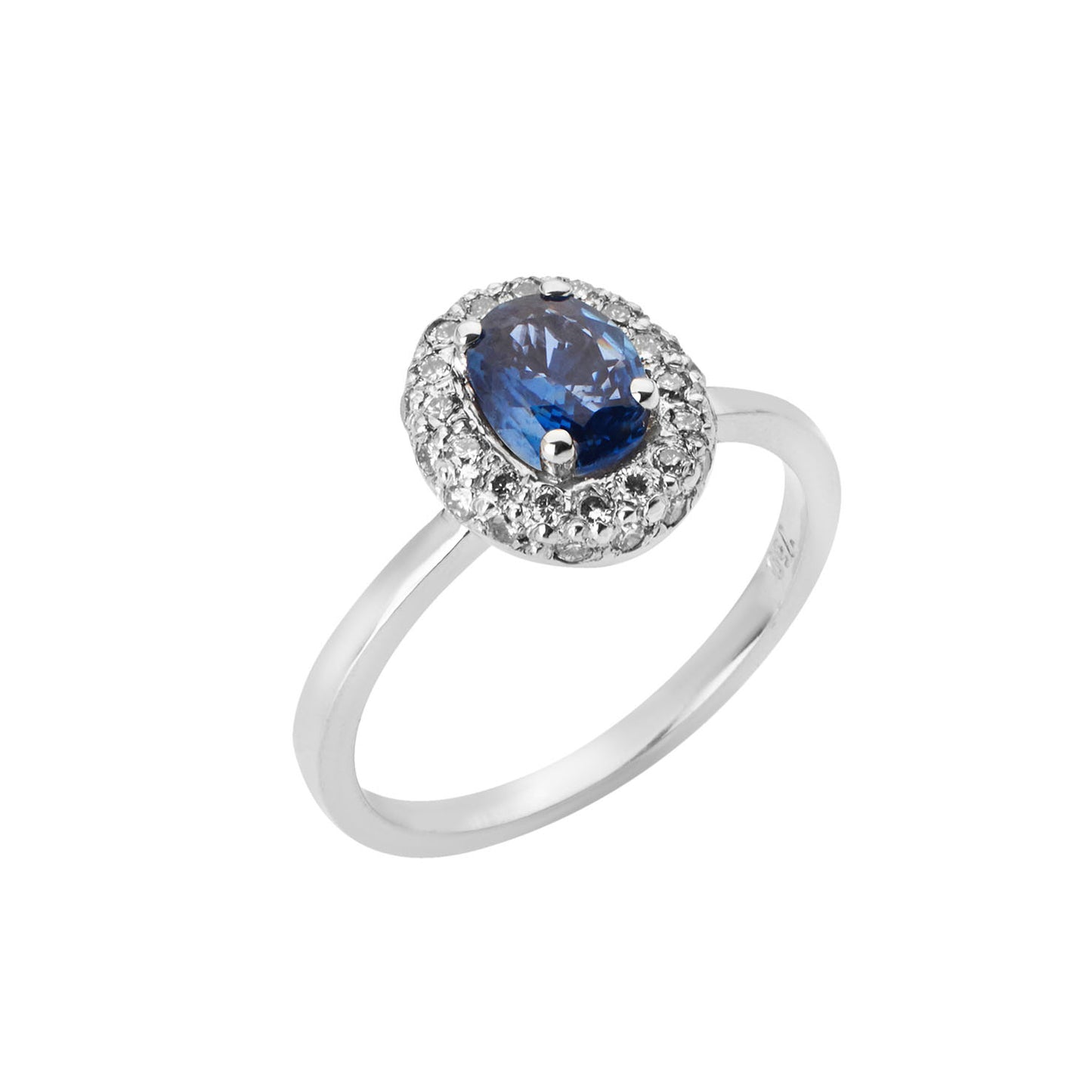 Ring 18KT White Gold with an Oval Sapphire and Brilliant cut Diamonds. Product Code:1281DW59S