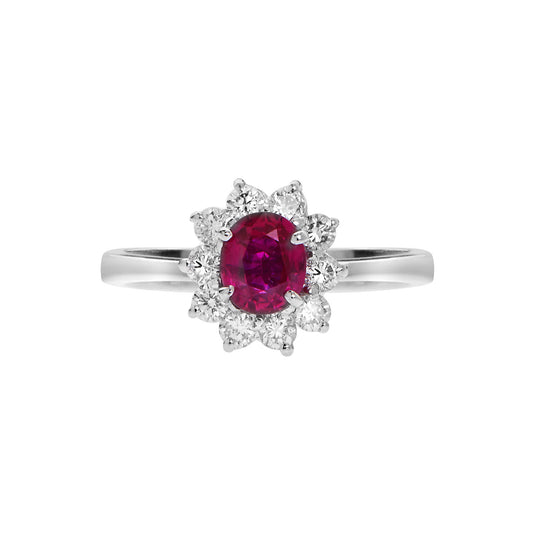 Ring 18KT White Gold with an Oval Ruby and Brilliant cut Diamonds. Product Code :1395DW55R