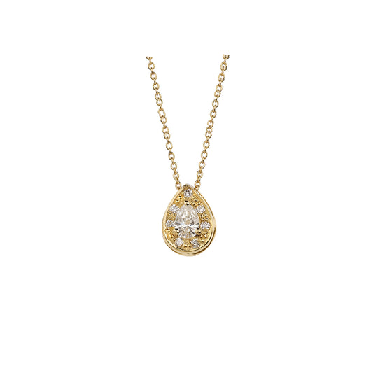 Necklace Pendant 18KT Yellow Gold with a Pear cut Diamond Solitaire and Brilliant cut Diamonds