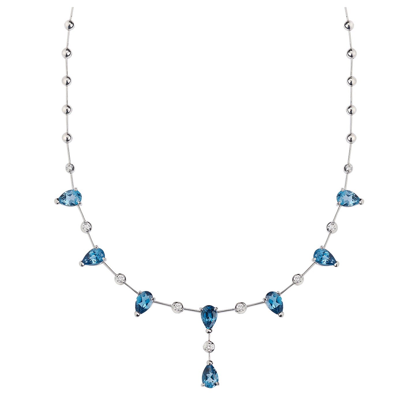 Necklace 18KT White Gold with Pear cut Blue Topaz and Brilliant cut Diamonds.    Product code: 305NE092