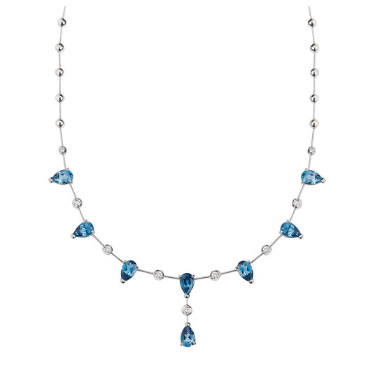 Necklace 18KT White Gold with Pear cut Blue Topaz and Brilliant cut Diamonds.    Product code: 305NE092