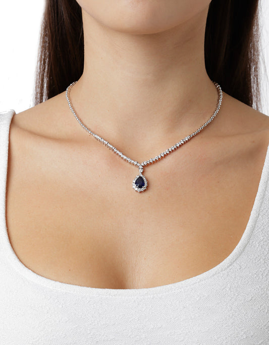 Necklace 18KT White Gold with Pear cut Sapphire and Brilliant cut Diamonds.  Product Code : 316KW58S