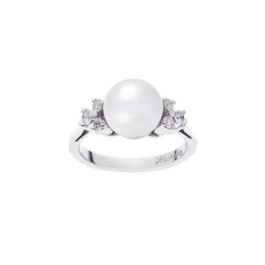 Pearl and brilliant cut diamond ring 18 carat white gold.    Product Code : 1309DA39WP.
