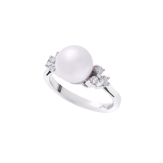Pearl and brilliant cut diamond ring 18 carat white gold.    Product Code : 1309DA39WP.