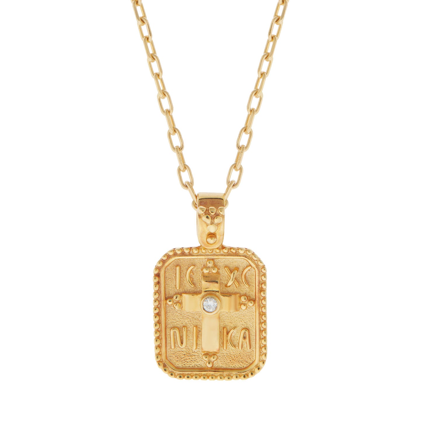 Handmade Byzantine coin (Konstantinato) pendant 14KT gold with a brilliant cut diamond 0,03 carats. Product Code:243M030.