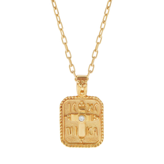 Handmade Byzantine coin (Konstantinato) pendant 14KT gold with a brilliant cut diamond 0,03 carats. Product Code:243M030.