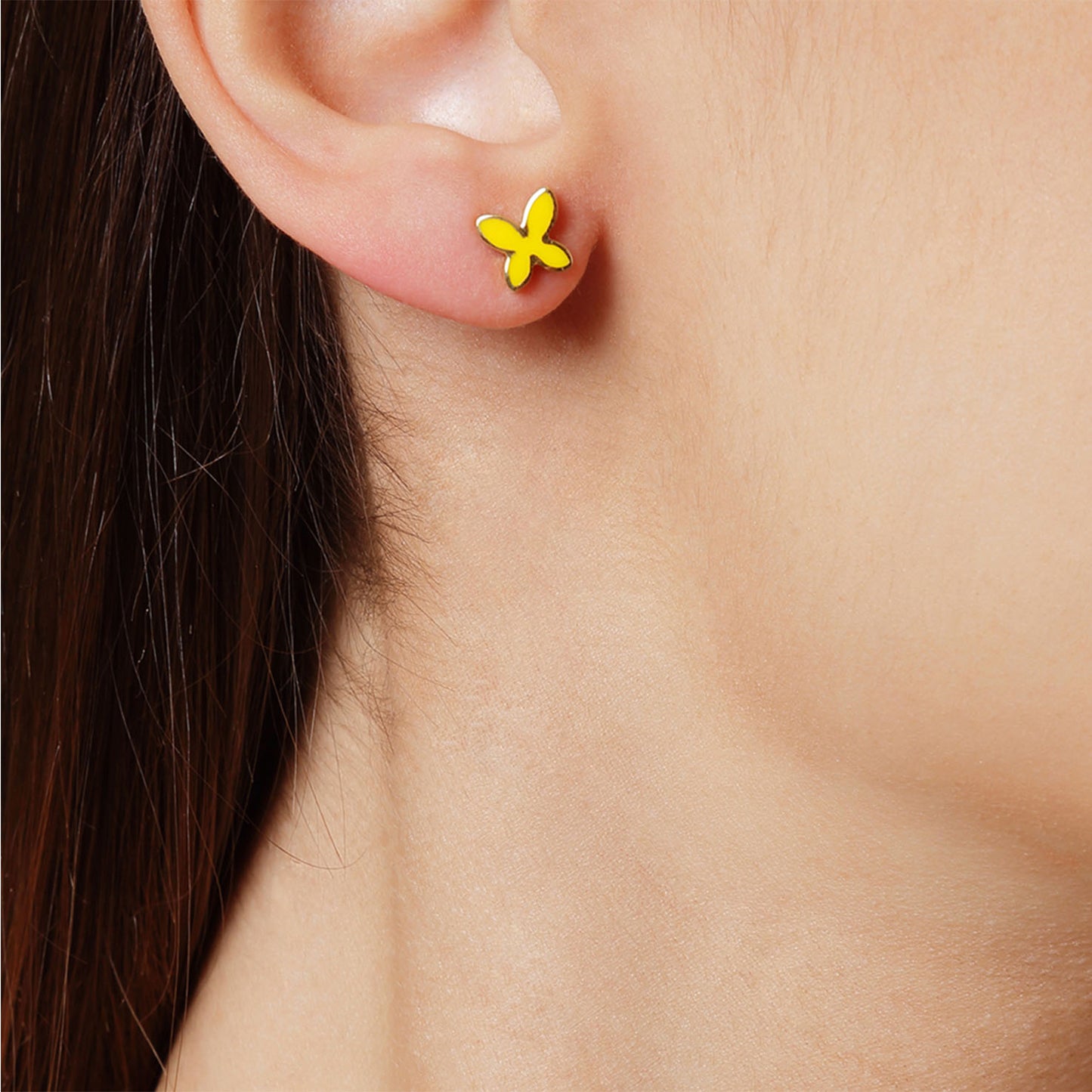 Butterfly, 18 carat yellow gold enamelled earrings. Butterflies signify creativity, transformation, freedom and  love. Product Code: 259SKPEDIK02.
