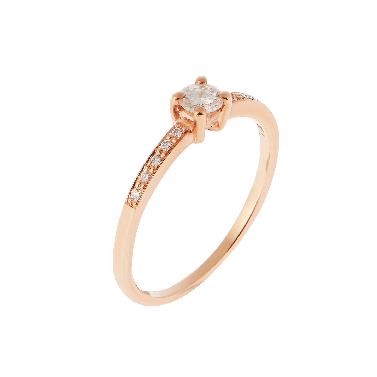 Diamond Round Brilliant Cut Solitaire KT18 Pink Gold with  Brilliant Cut Diamonds on the Sides. Product Code: 265D035PW