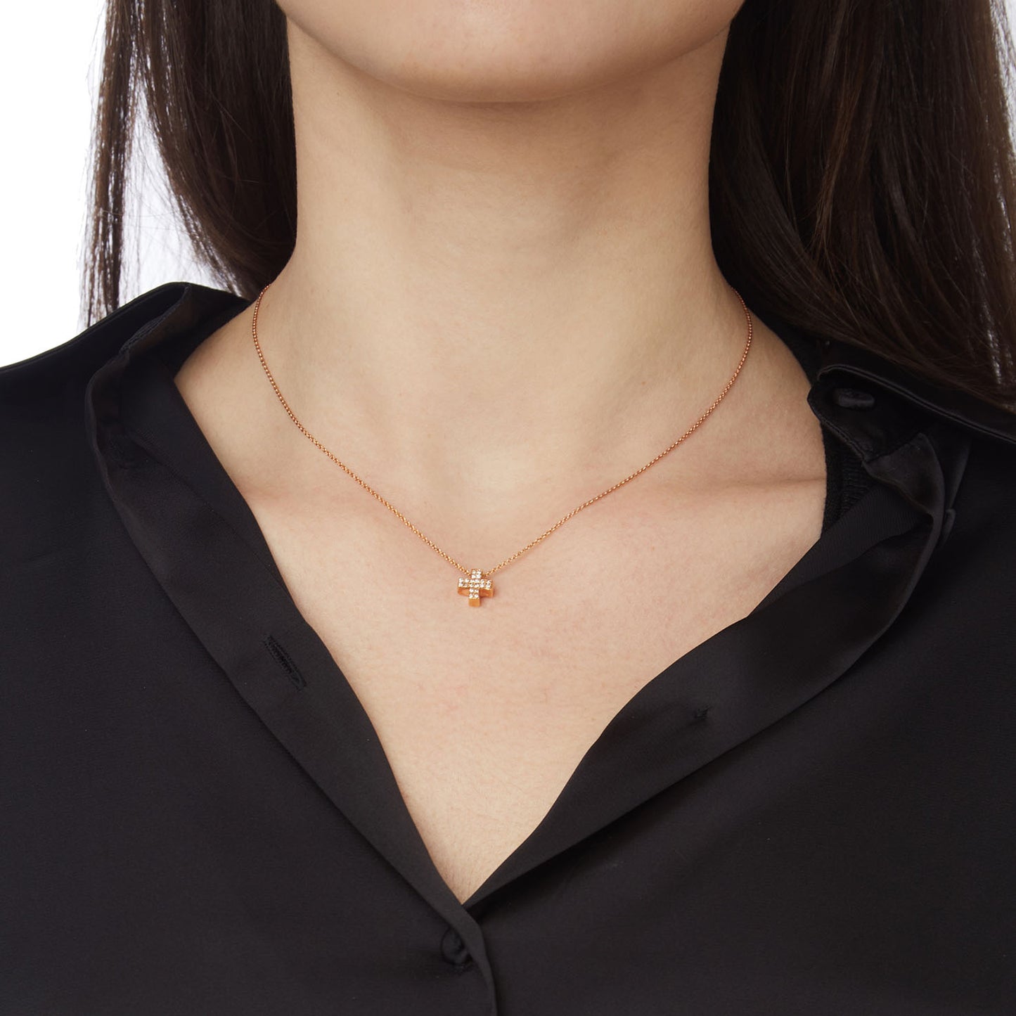 Diamond Cross 18KT Pink Gold on a chain. Product Code:283ST8SP.