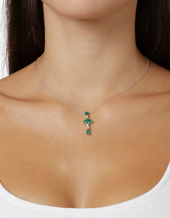 Necklace Pendant 18KT White Gold with Pear cut Emeralds and Brilliant cut Diamonds.  Product Code : 644MW45E.