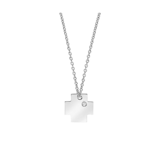 Cross with a  brilliant cut diamond and chain 18KT white gold.   Product Code: 347ST04W.