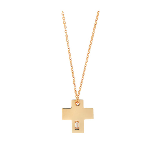 Gold cross 18KT Yellow Gold with one baguette cut diamond.  Product Code: 354ST06Y,
