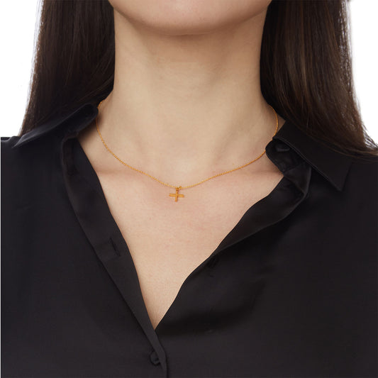 Minimal cross with chain 18 carat yellow gold.  Product Code: 428ST021S.
