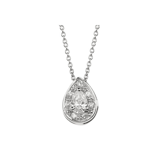 Necklace Pendant 18KT White Gold with a Pear cut Diamond Solitaire and Brilliant cut Diamonds.  Product Code : 462ME022W