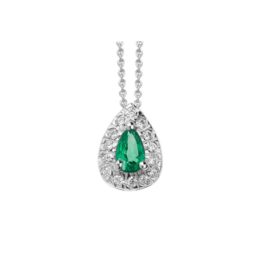 Necklace Pendant 18KT White Gold with a Pear cut Emerald and Brilliant cut Diamonds.  Product Code : 518MW35E